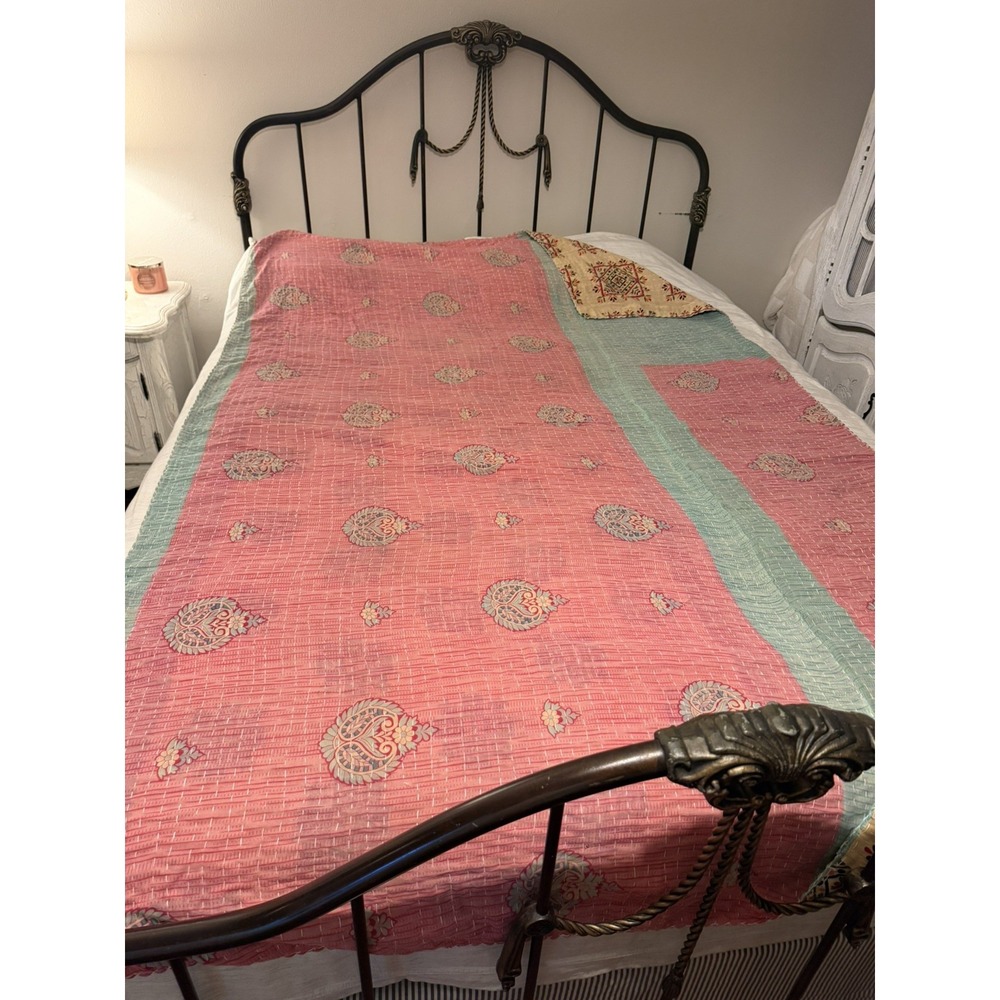 INDIAN KANTHA VINTAGE BLANKET THROW QUILT BEDSPREAD HAND STITCHED, REVERSIBLE